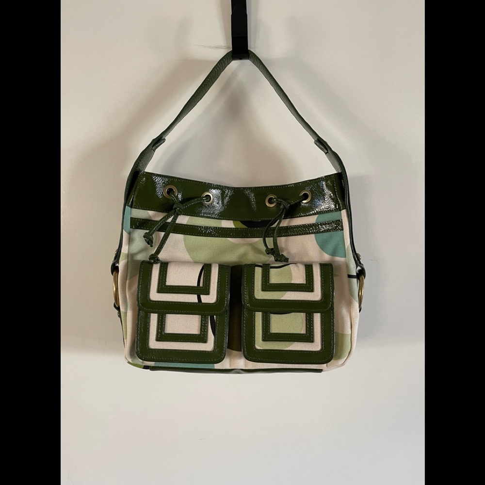 Fun 60’s Vibe Kate Landry Green and Cream Bag with Lots of Pockets